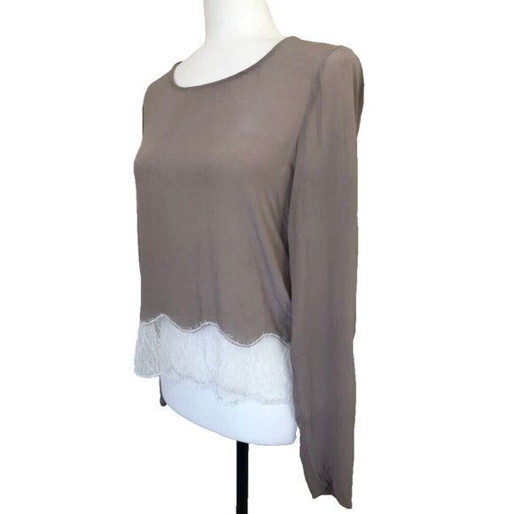 WILFRED Desaix Long Sleeve 100% Silk Top Blouse Size Small Taupe Cream Lace Trim - Picture 4 of 8